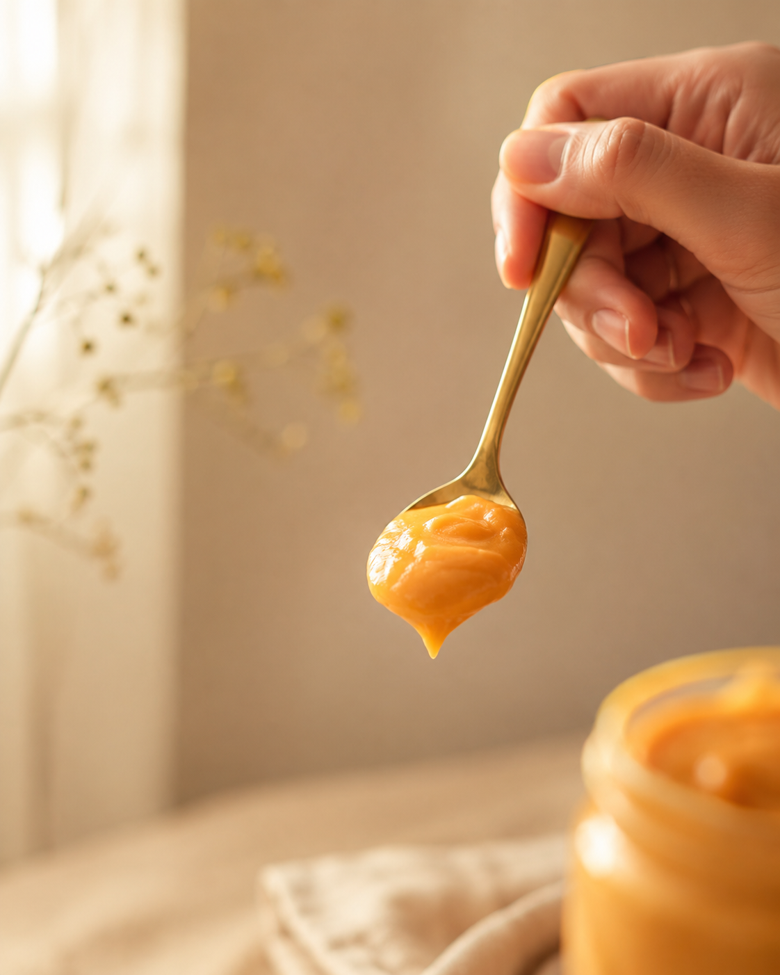 Hand holding a spoon with creamy yema